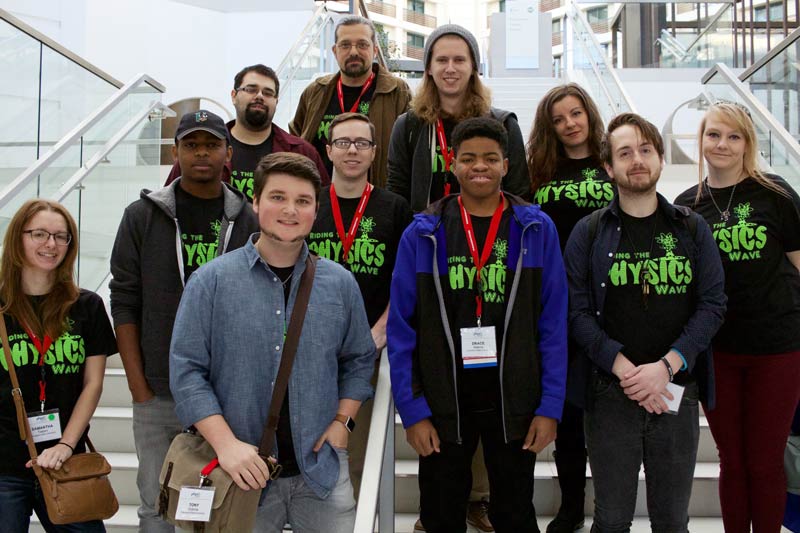 Cleveland State University SPS Chapter members show off their physics t-shirts.