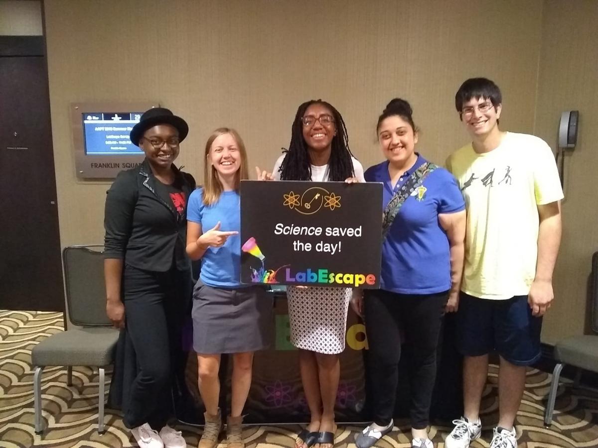 Elon Price, Amanda Williams, Krystina Williamson, Sarah Monk, and Logan Anbinder after completing the AAPT LabEscape.