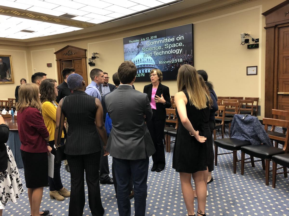 Panel witness Dr. Katherine Yelick, associate laboratory director for computing sciences, Lawrence Berkeley National Laboratory; professor, University of California, Berkeley, speaking with SPS Interns about the role of AI and Machine Learning