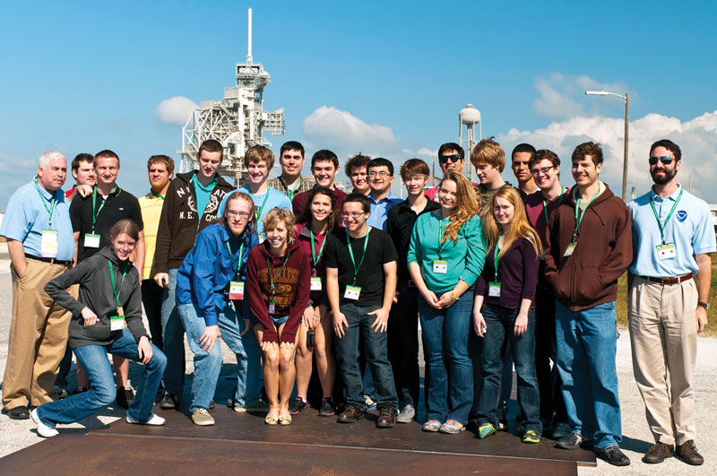 Steve Feller (left) and Coe College attendees enjoy a tour of NASA's Kennedy Space Center during the 2012 Quadrennial Physics Congress. Photo by Ken Cole.