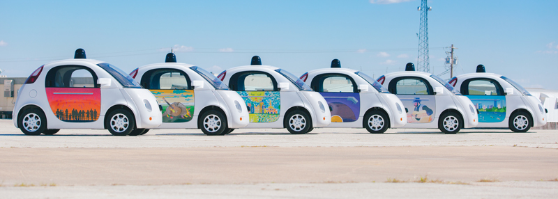 Google self-driving vehicle prototypes were embellished by local artists for a “Paint the Town” event in Austin, TX. Photo courtesy of Google