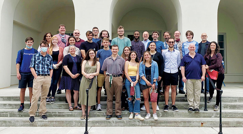 The spring 2021 Sigma Pi Sigma induction ceremony included both the current and previous classes, pictured here along with faculty members. Photo courtesy of Nelia Mann.