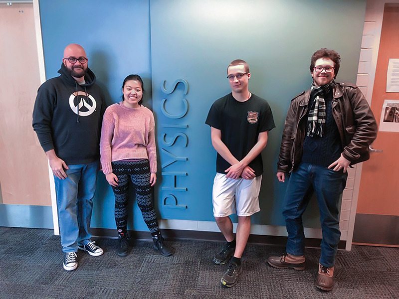 SPS advisor Dr. Caio Bragatto, left, with project leader Anne Ruckman and fellow student researchers Ethan Weber and Will Guthrie. Photos courtesy of the Coe College SPS chapter.