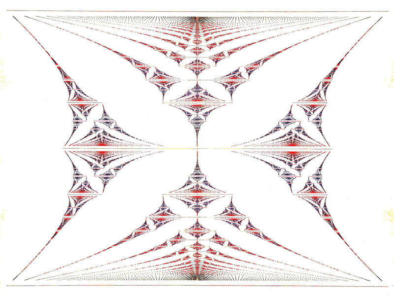 The energy of electrons in an atomic lattice can be plotted as the butterflylike Gplot fractal shown here, discovered by Hofstadter. Image by Douglas Hofstadter.