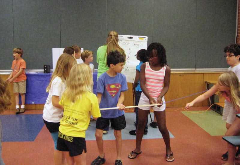 Students in Coffman’s class try to measure the length of a cord using a non-standard tool. Photo courtesy of Theresa Coffman.