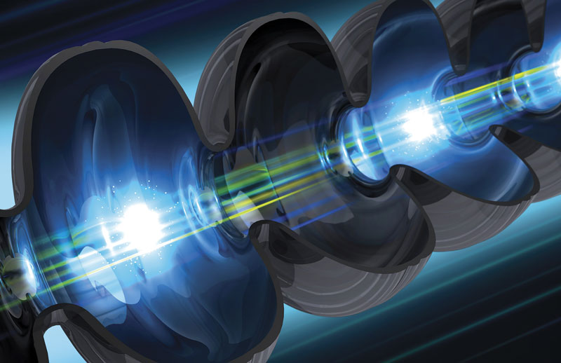 This is an illustration of an electron beam traveling through a niobium cavity – a key component of SLAC’s future LCLS-II X-ray laser. Kept at minus 456 degrees Fahrenheit, a temperature at which niobium conducts electricity without losses, these cavities will power a highly energetic electron beam that will create up to 1 million X-ray flashes per second – more than any other current or planned X-ray laser. Photo courtesy of SLAC National Accelerator Laboratory.