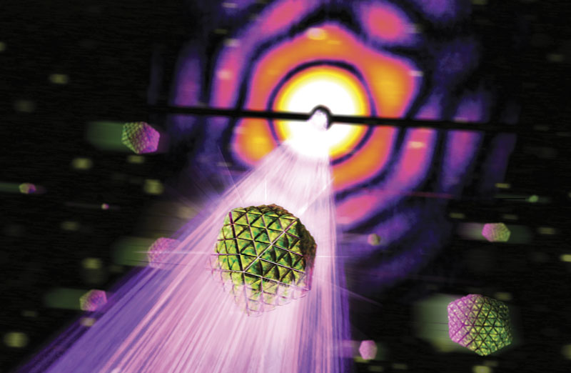 Scientists have made high-resolution X-ray laser images of an intact cellular structure much faster and more efficiently than ever possible before. Here a 20-sided structure from a bacterial cell, called a carboxysome, is struck by an X-ray pulse (purple) at SLAC’s Linac Coherent Light Source. Image courtesy of SLAC National Accelerator Laboratory.