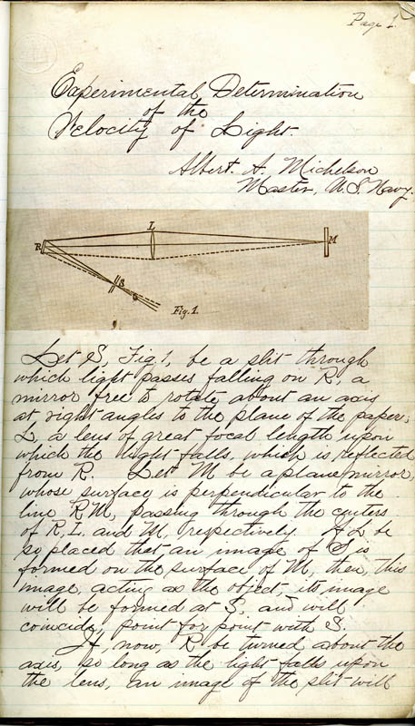 Scanned image of Albert Michelson’s notebook on the velocity of light. Photo courtesy of the Niels Bohr Library &amp; Archives, American Institute of Physics.