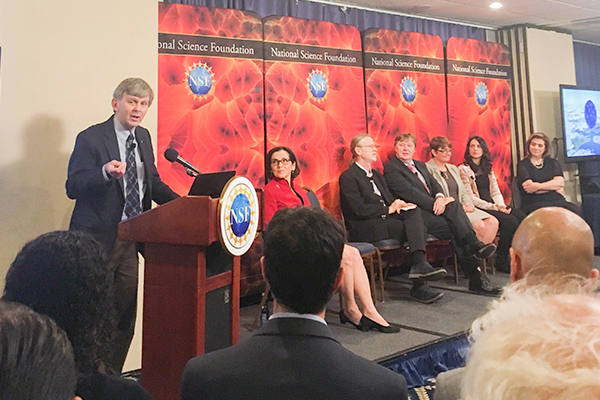 David Reitze, France Córdova, David Shoemaker, Jo Van Den Brand, Laura McKinney, Maricio Branchesi and Vicky Kalogera. These individuals spoke on a panel discussing Gravitational Waves detection and the initial EM observations. Photo courtesy of Maya Kinley-Hanlon.