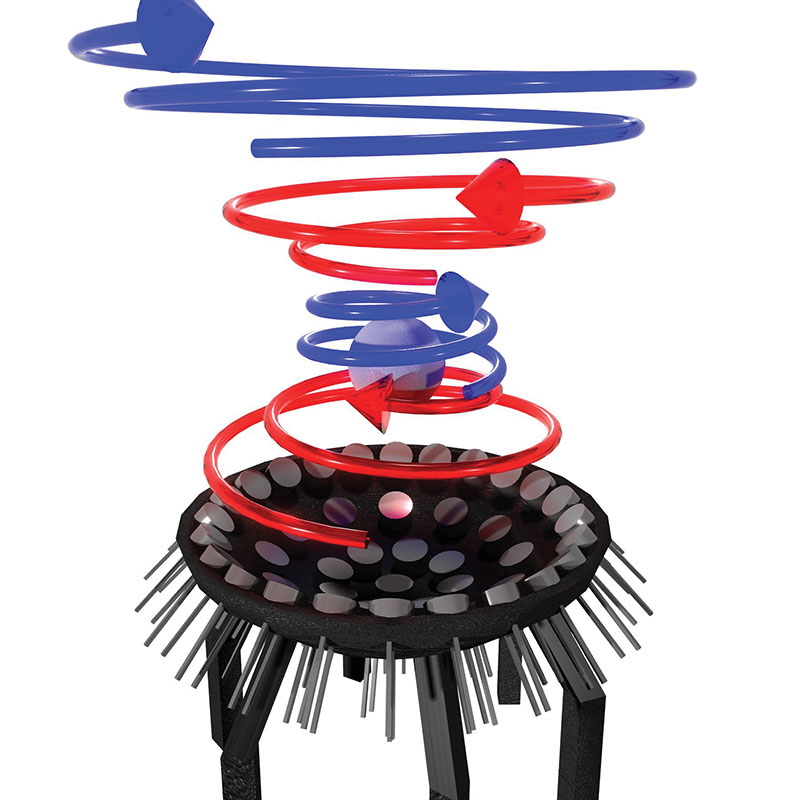 Intertwined short vortices of opposite directions are emitted to trap and stabilize particles.