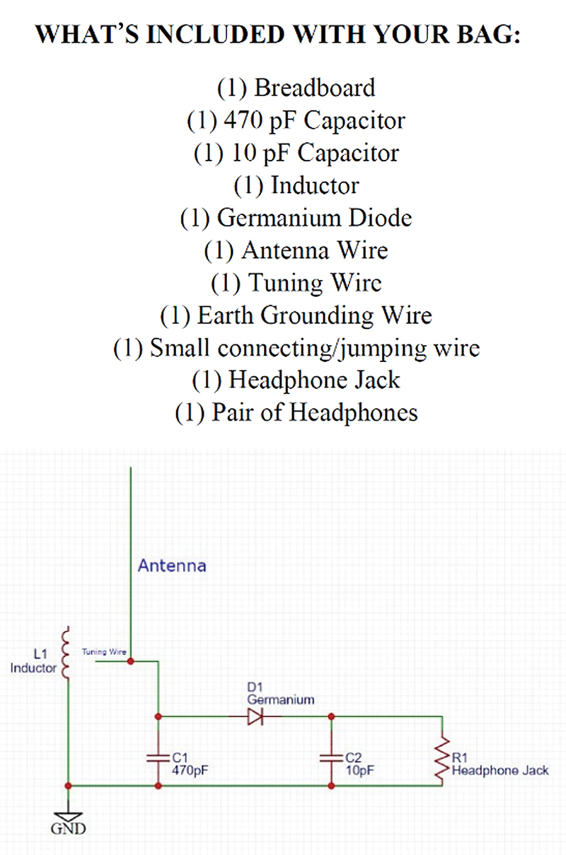 Image of the paper stapled to each bag, listing parts and showing the circuit diagram for the unpowered radio.