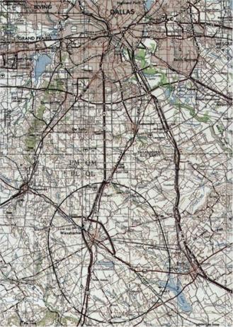 A map showing the planned path of the SSC's particle accelerators and tunnels, including the main ring circling Waxahachie. US Department of Energy.