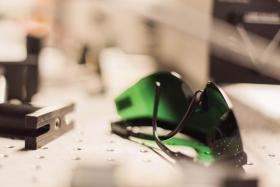 Laser-safety goggles are pictured here on a bench within the Charles R. ’62 and Judith G. Munnerlyn Astronomical Laboratory at Texas A&amp;M University.